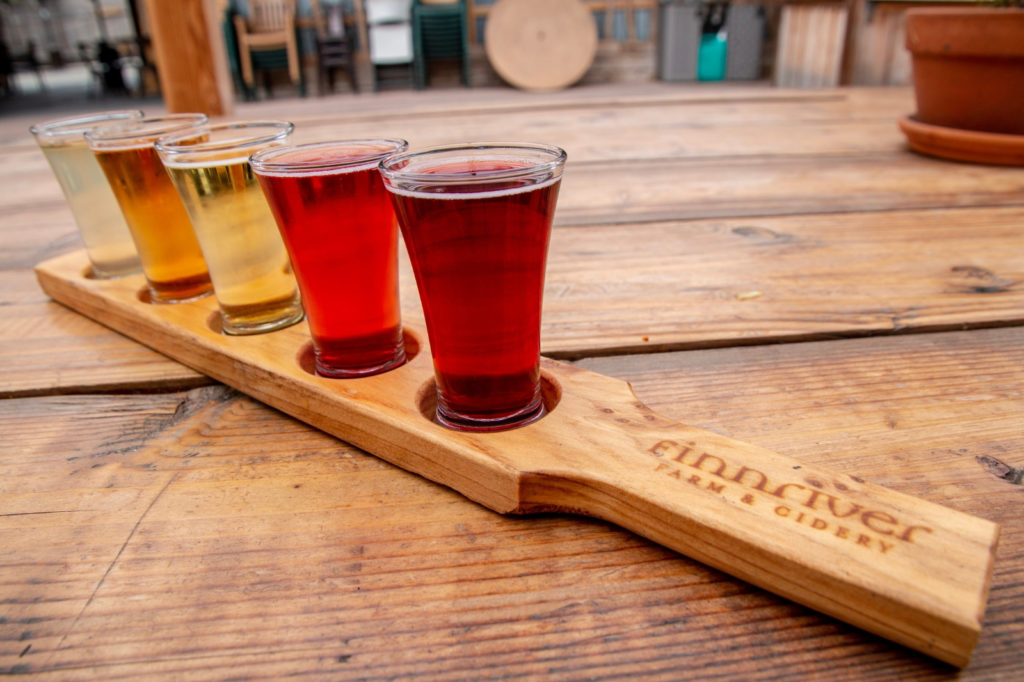 A row of cider tasting glasses at Finnriver Cidery on the Olympic Peninsula