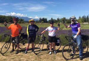 Four bicyclists waving in front of a lavender field