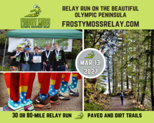 Frosty Moss Relay event graphic showing event details and photos of participants