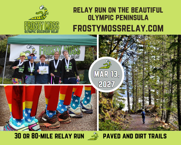 Frosty Moss Relay event graphic showing event details and photos of participants