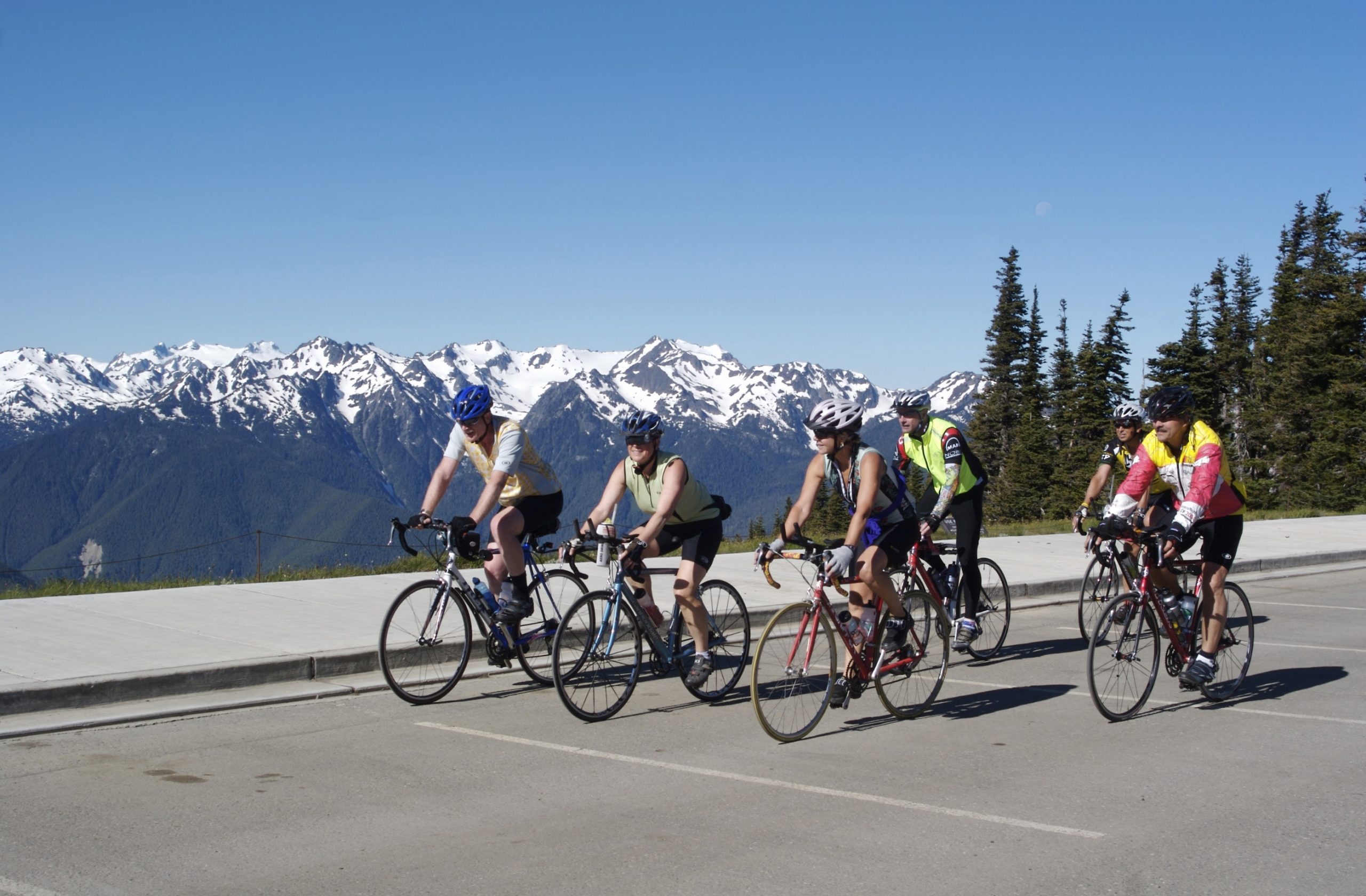 Bicyclists with mountains and trees
