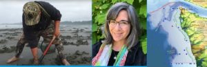 Collage: Man clamming, Dr. Melissa Poe, Olympic Coast National Marine Sanctuary map