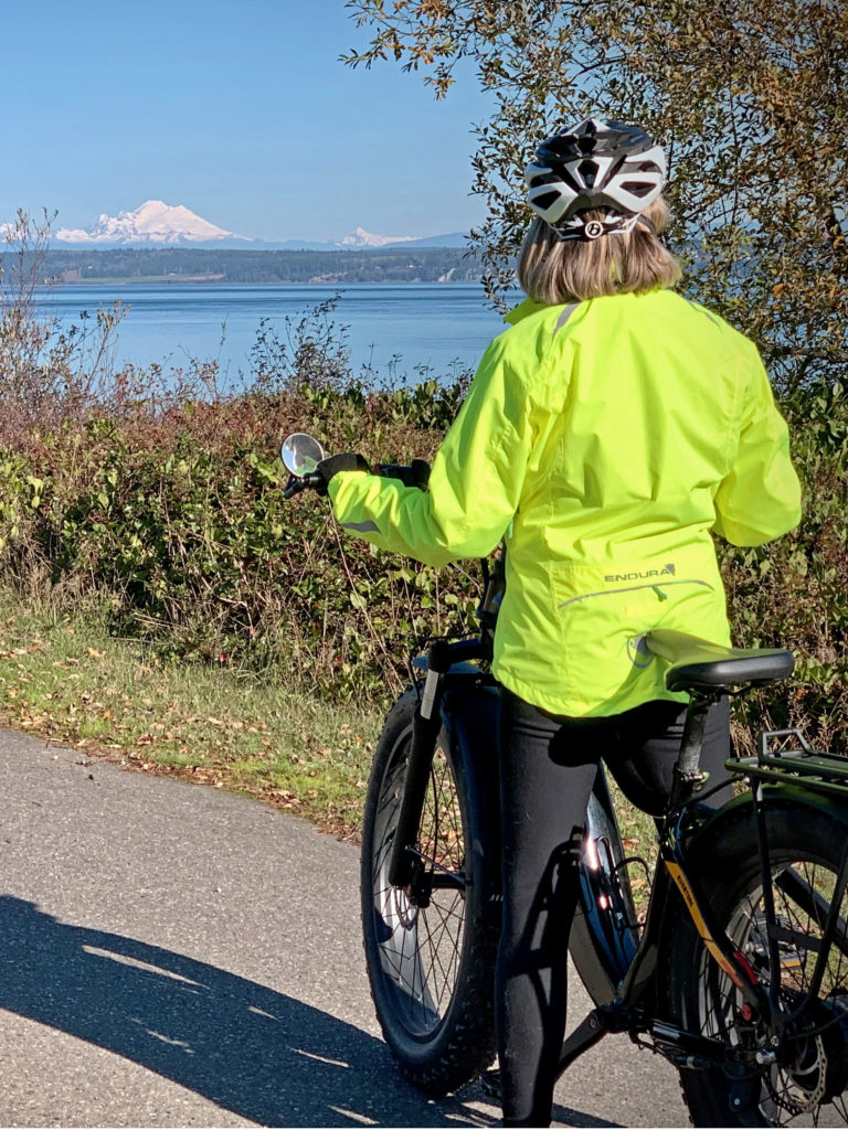 A bicyclist in a yellow jacket looking at Mt. Baker