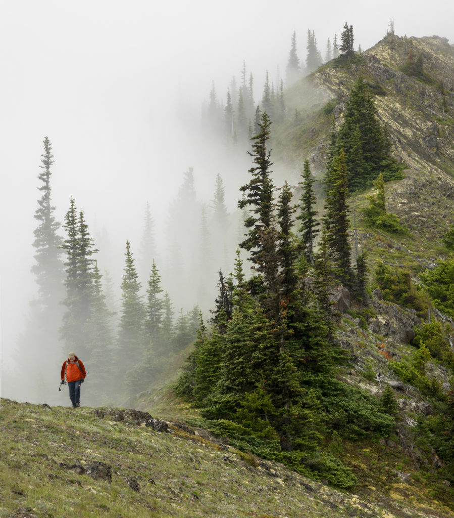 A man in an orange jacket hikes a ridge at Deer Park with fog in the background