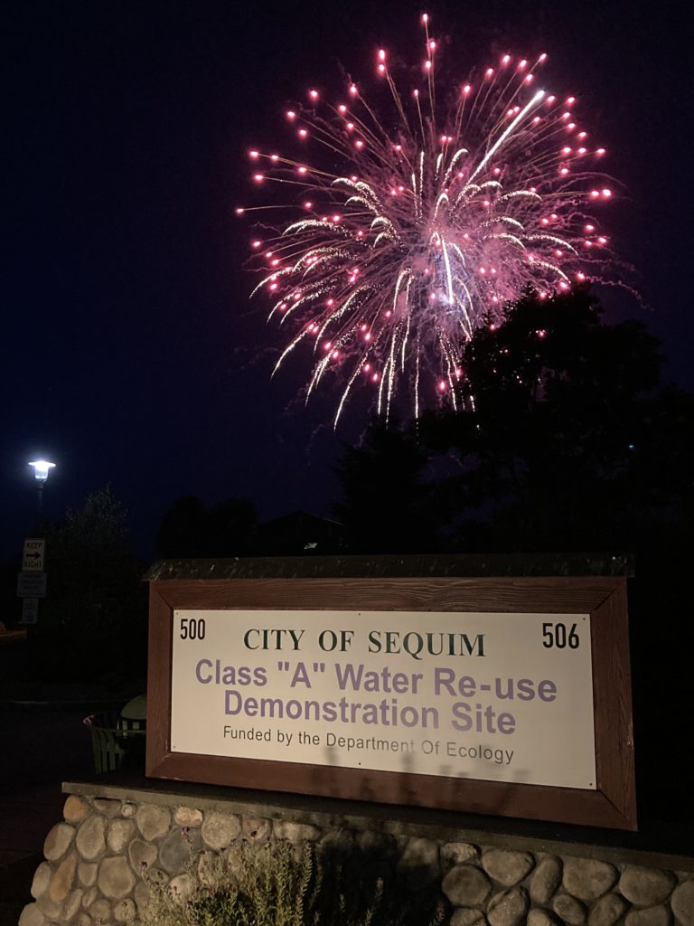 Fireworks over the Sequim park sign