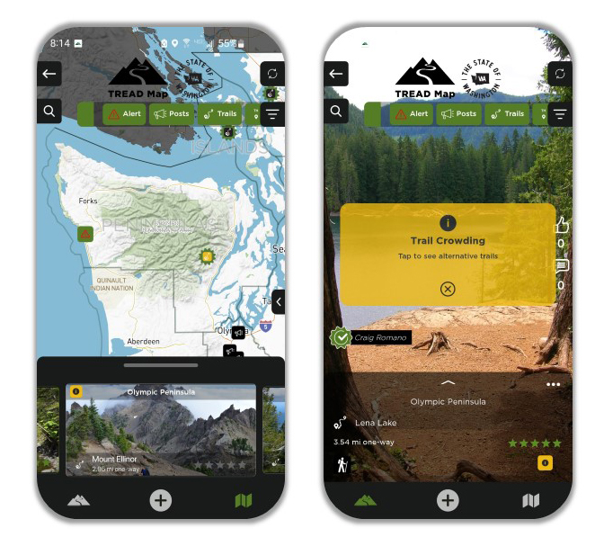 Cell phone screen shots of the TREAD Map app