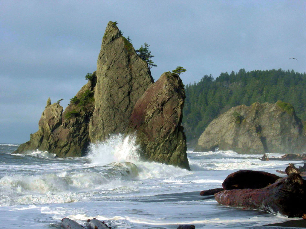 Ocean waves splash against seastacks at Rialto Beach