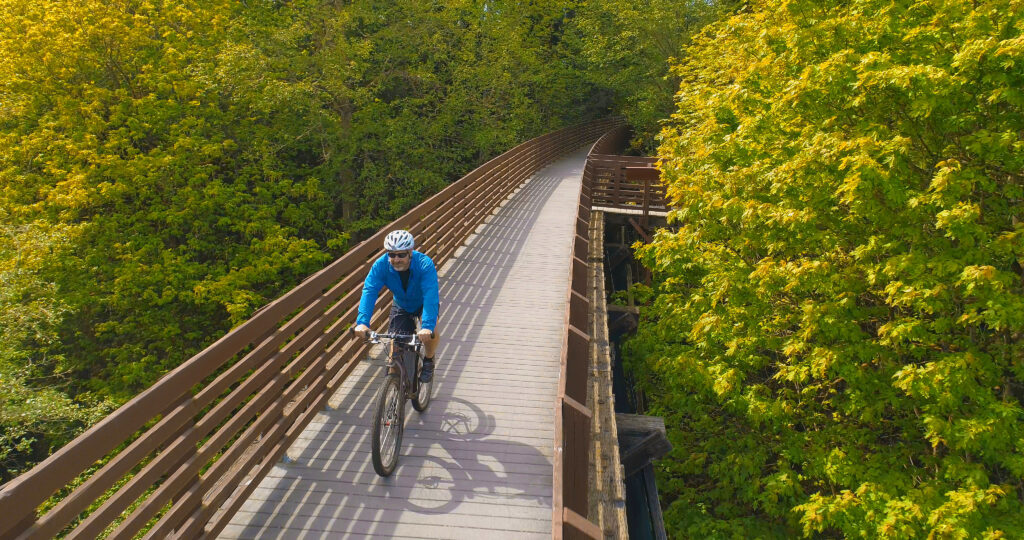 Photo of bicyclist riding on former railroad on the Olympic Discovery Trail.