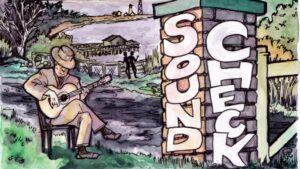 Soundcheck Festival event poster drawing showing someone playing acoustic guitar by a river