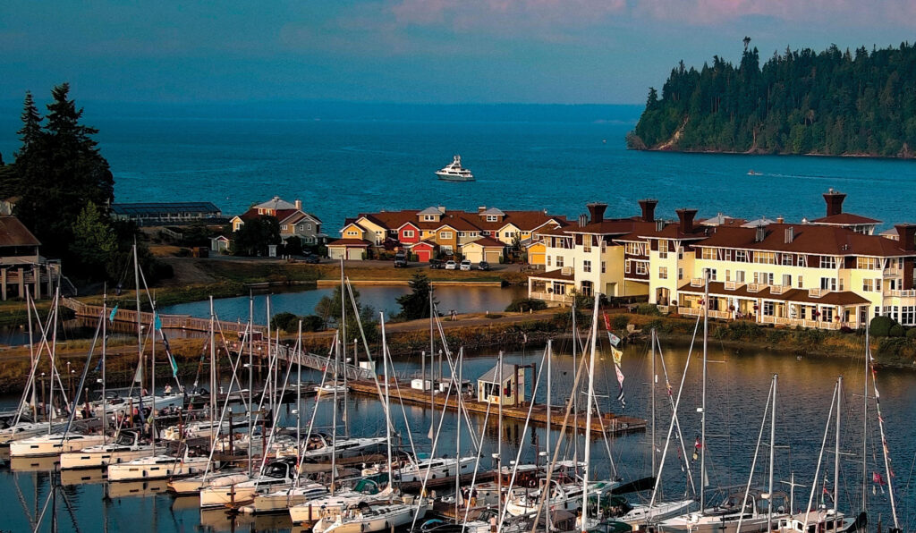 Looking down over the Port Ludlow Resort with water and mountain views