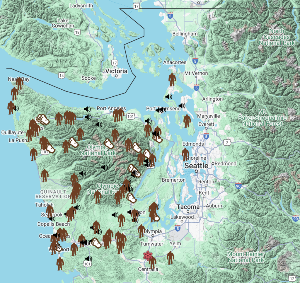 Sasquatch Sightings Map of Olympic Peninsula (Washington State) - Looking for Sasquatch on the Olympic Peninsula