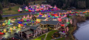 Panoramic view of the Blyn holiday lights on the buildings