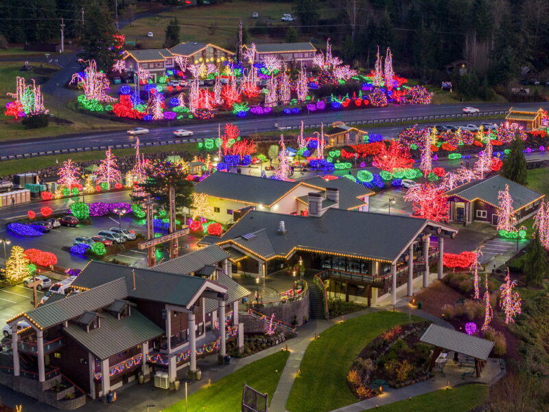Panoramic view of the Blyn holiday lights on the buildings