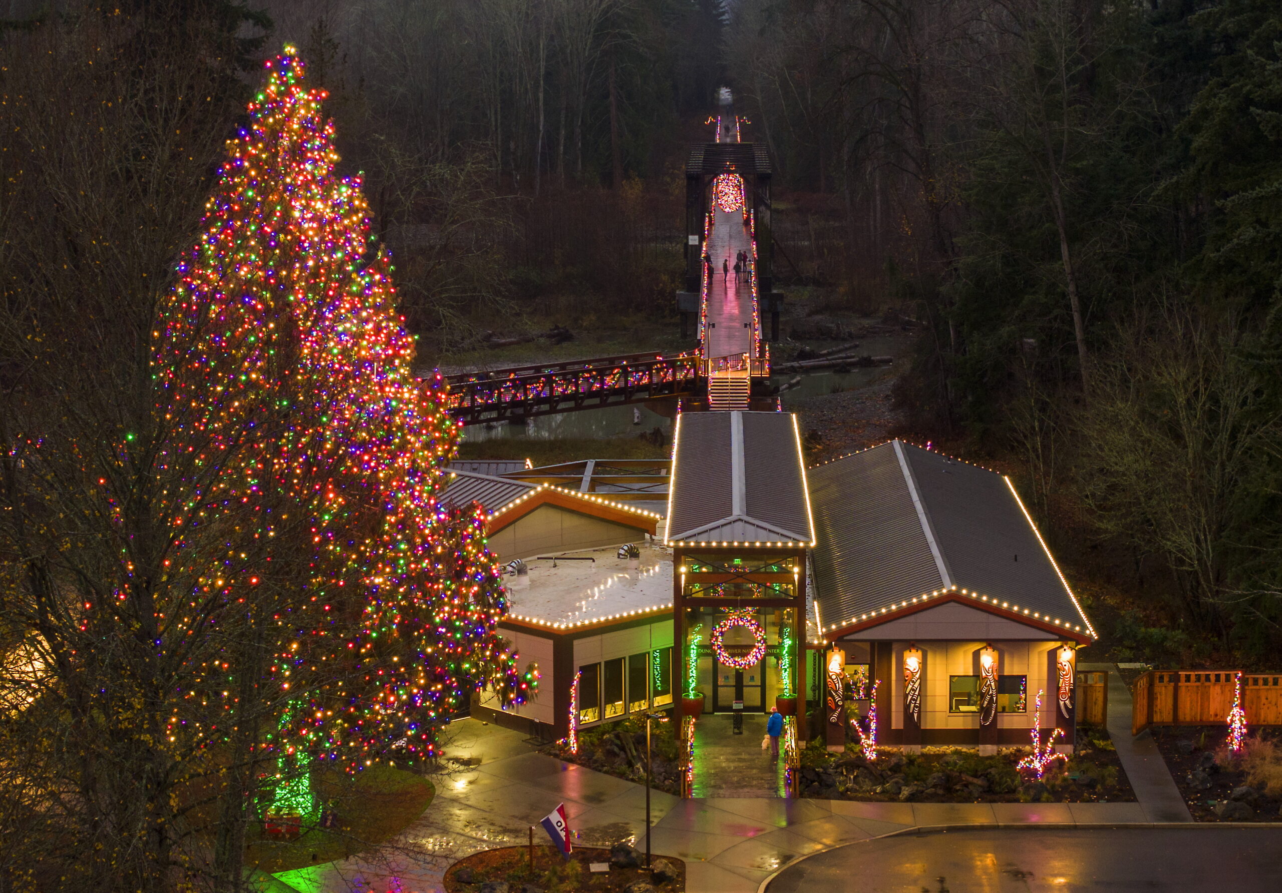 Photo of Dungeness River Trestle Bridge at Railroad Bridge Park covered in holiday lights - Delight in Holiday Lights on the Olympic Peninsula, WA