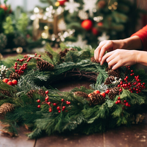 Photo of a florist making a beautiful Christmas wreath with a decorated christmas tree in the background.