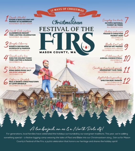 Festival of the Firs event poster that showcases 12 ways to celebrate Christmas in Mason County, Washington