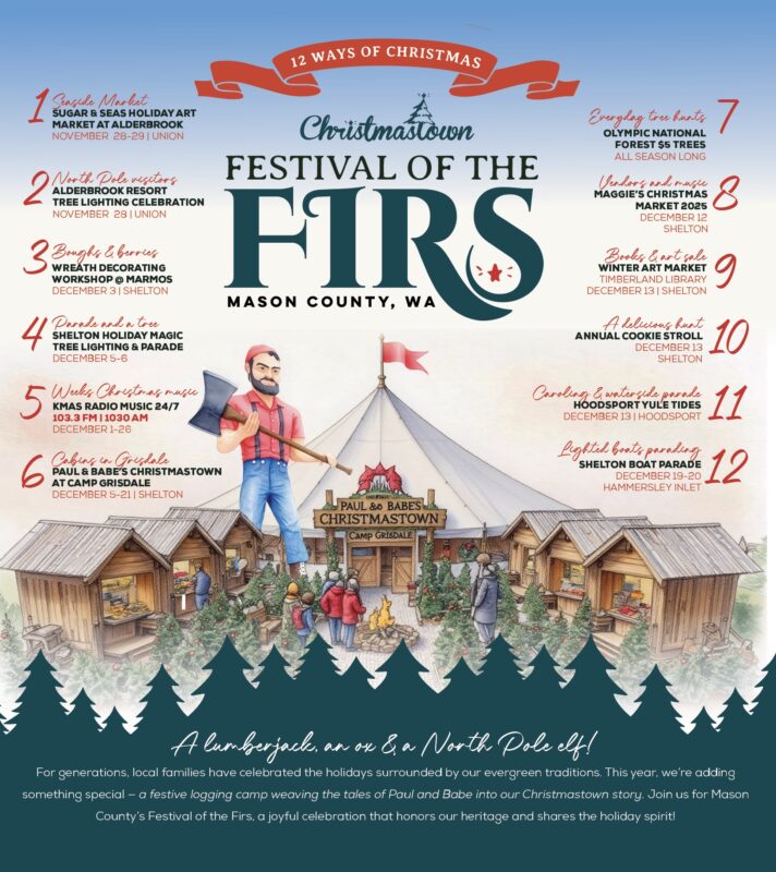 Festival of the Firs event poster that showcases 12 ways to celebrate Christmas in Mason County, Washington