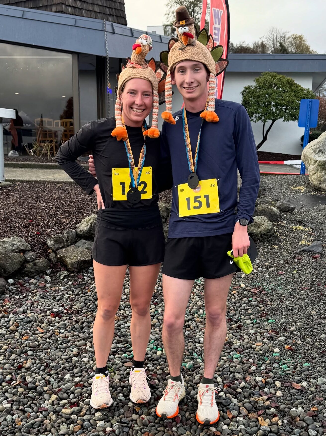 photo of Turkey Trot participants wearing turkey hats to keep their heads warm during the race