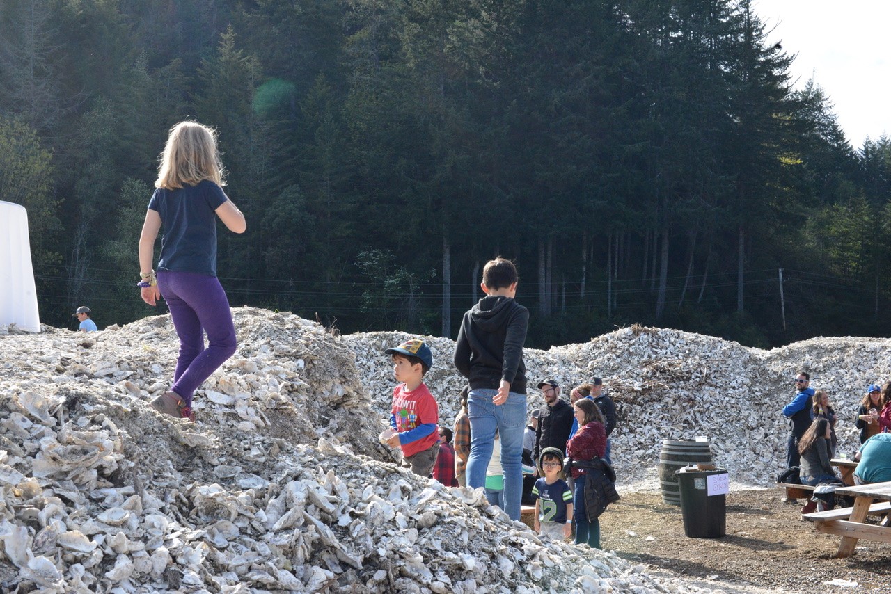 Photo of the famous Shellpile at Hama Hama Oysters with children playing around it, credit Explore Hood Canal | Falling for the Olympic Peninsula's Hood Canal (blog)