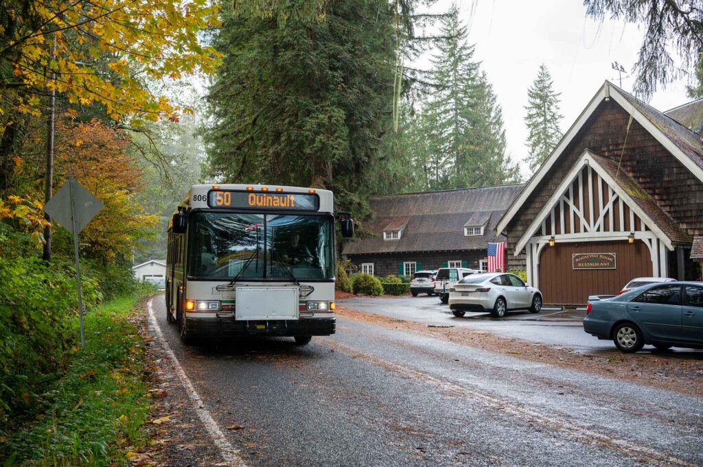 photo of bus on Route 50 near Quinault on the Olympic Peninsula