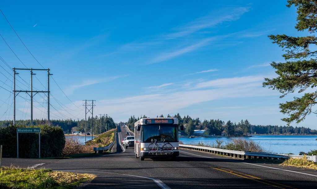 photo of a bus driving near Westport, WA on Route 70