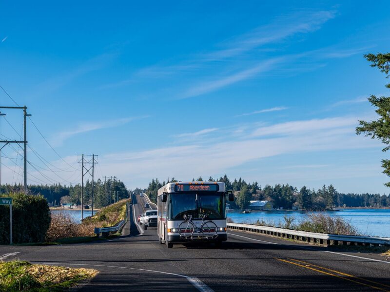 photo of a bus driving near Westport, WA on Route 70
