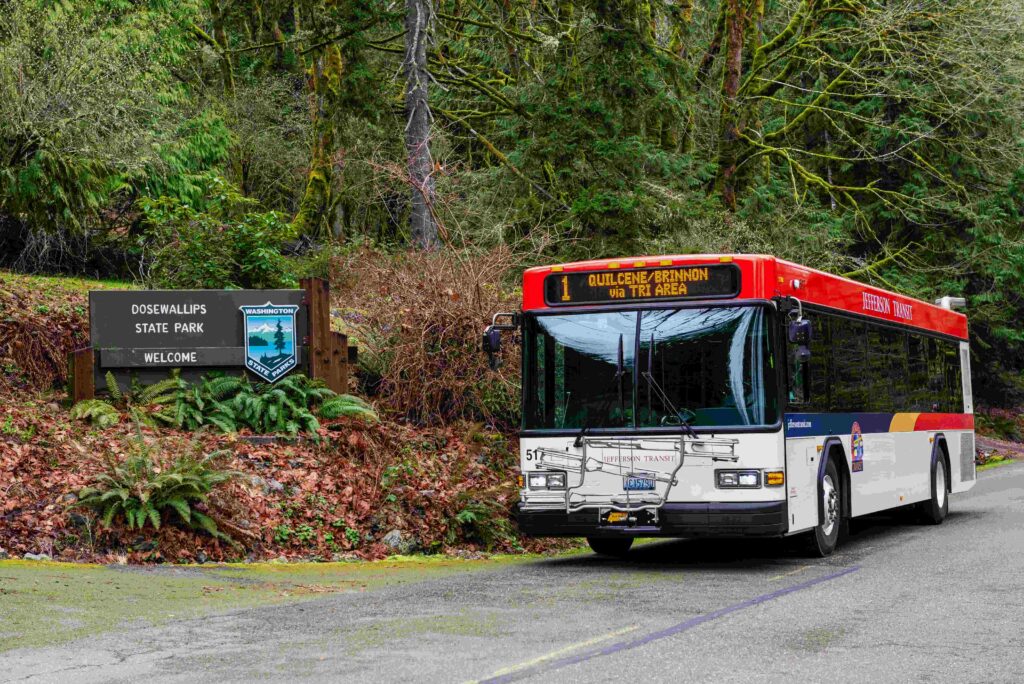 Jefferson Transit Authority bus on the road near Dosewallips State Park on the Olympic Peninsula