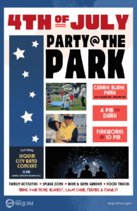 poster for 4th of July Party in the Park at Carrie Blake Park in Sequim, WA