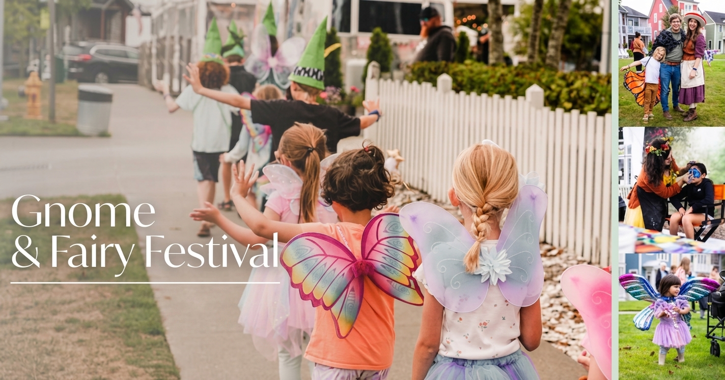 photo of kids walking on sidewalk while in costumes during the Gnome and Fairy Festival in Seabrook | September Fall in Grays Harbor County