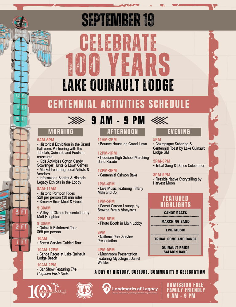 Lake Quinault Lodge Centennial Celebration event poster | September Fall in Grays Harbor County