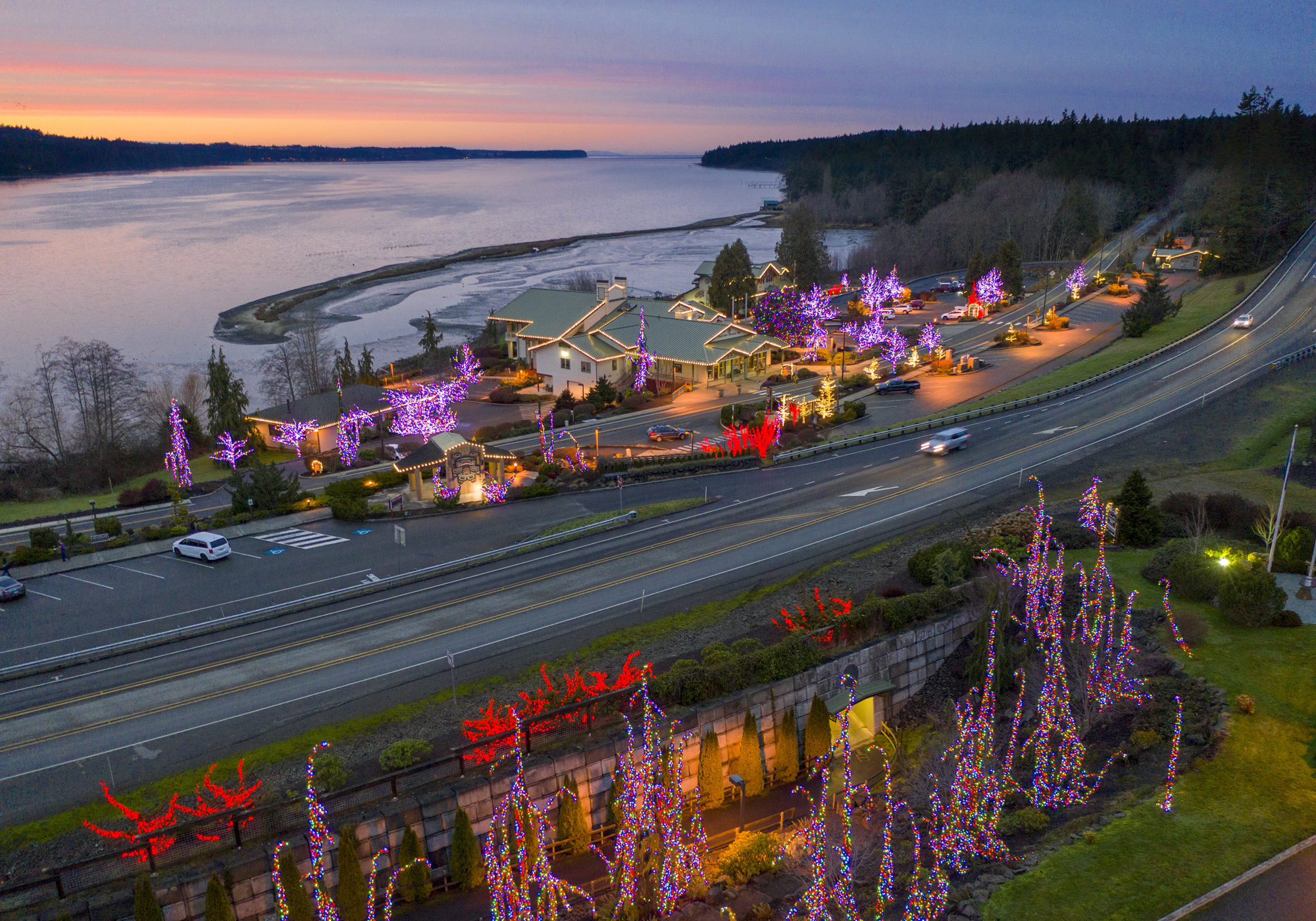 The lights of Blyn, WA with Sequim Bay in background