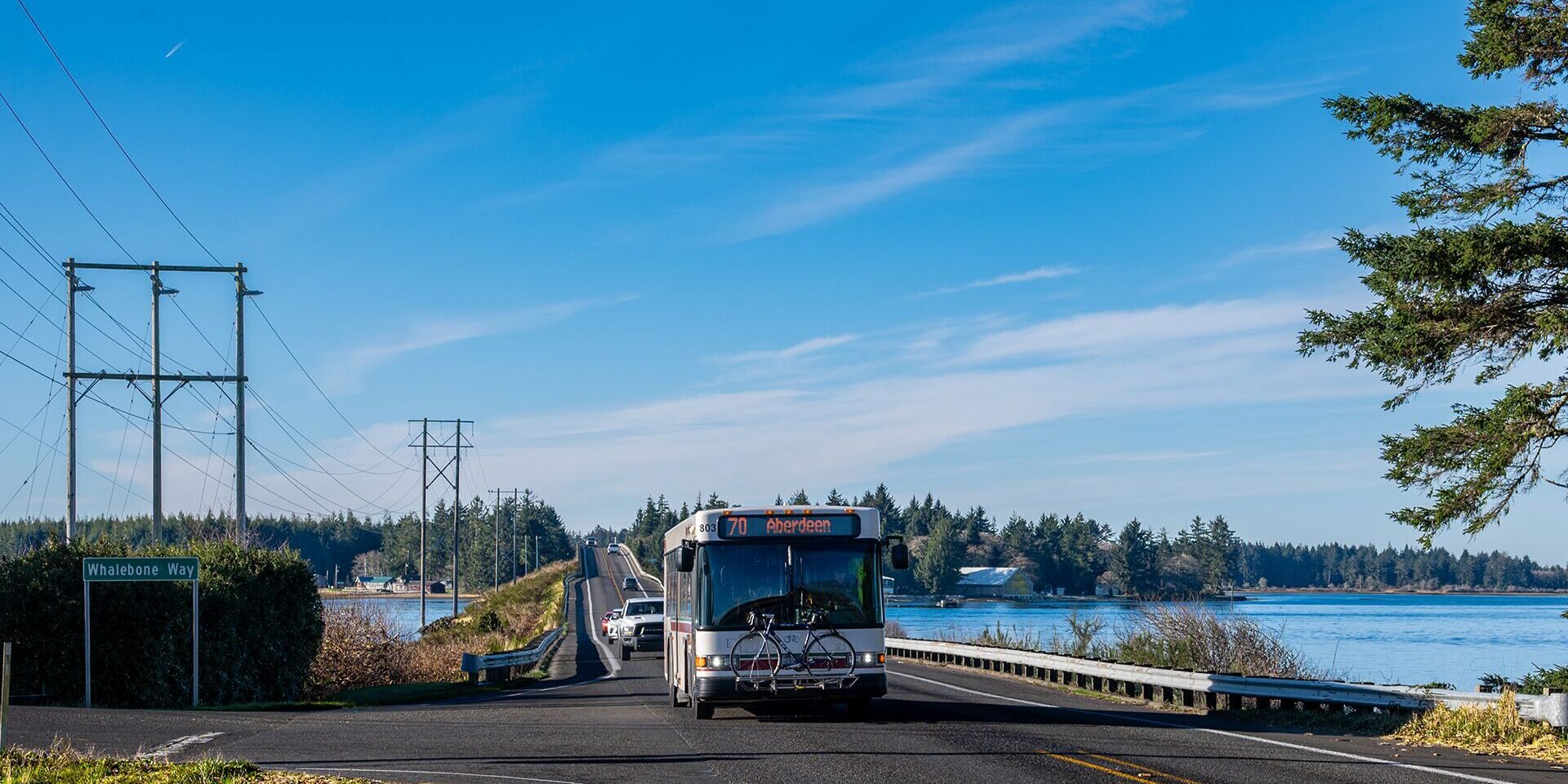 photo of a bus driving near Westport, WA on Route 70